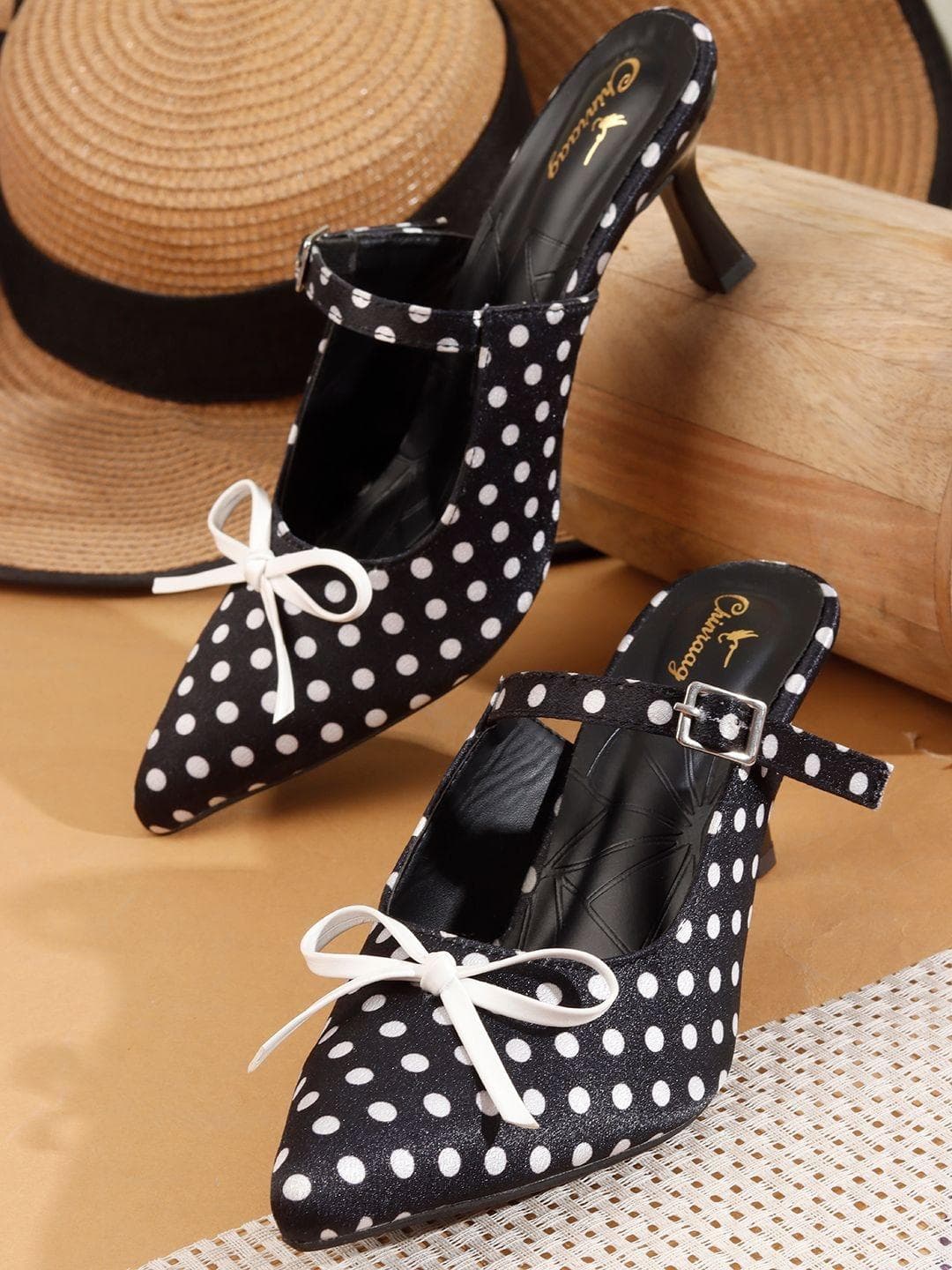 CHINRAAG Printed Slim Heeled Mules with Bows