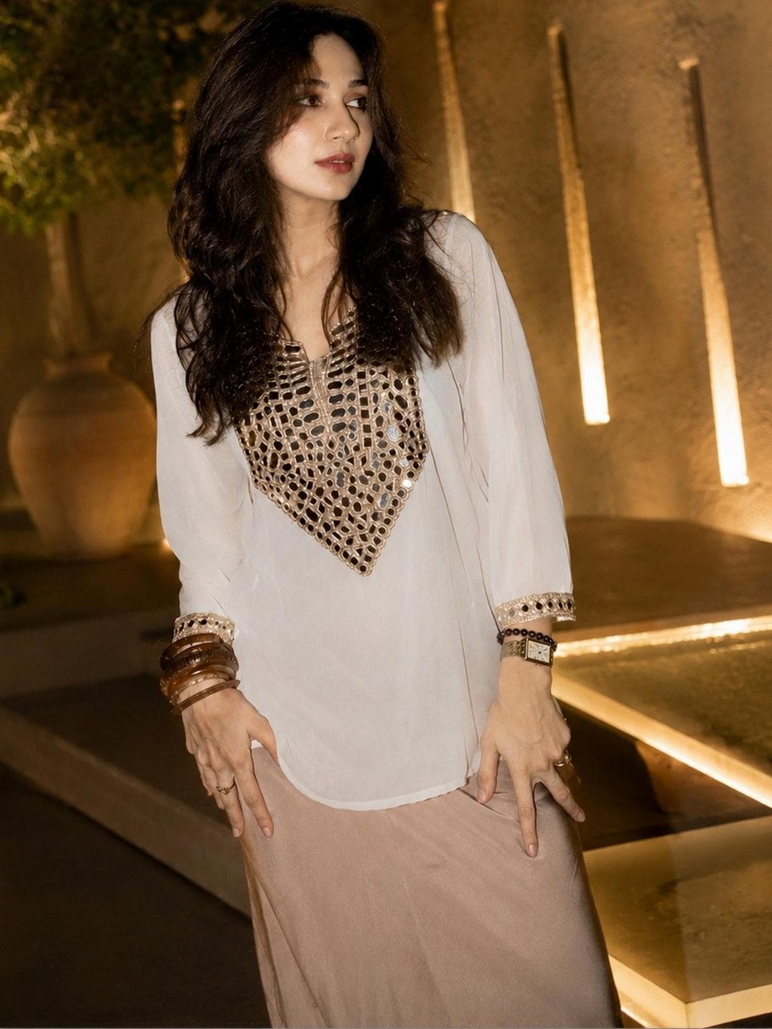 AASK White Embellished Georgette Loose Fit V-Neck Top