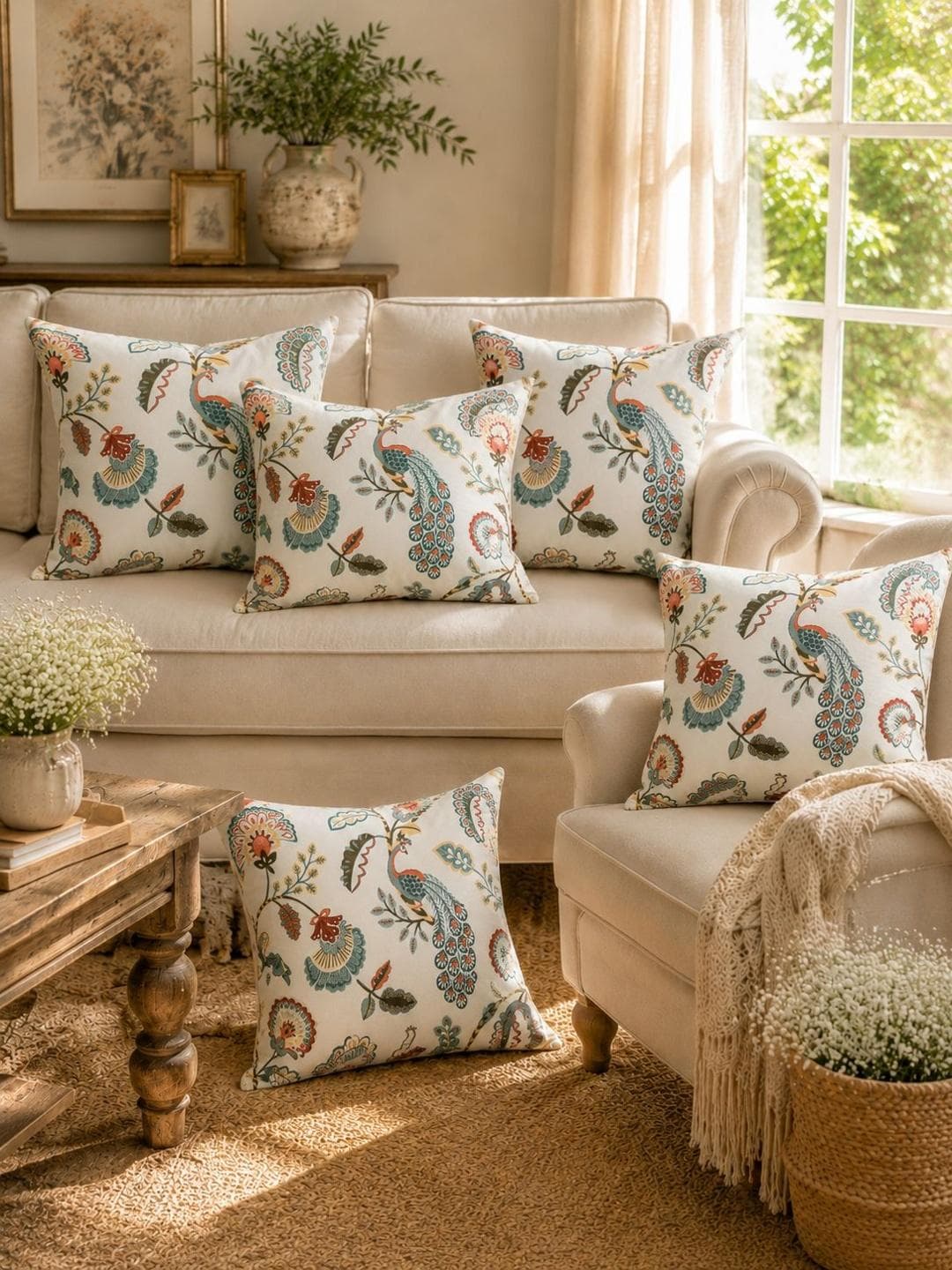 Buy Clasiko White Floral Cotton Breathable 5 Square Cushion Covers 20x20In - - Home for Unisex