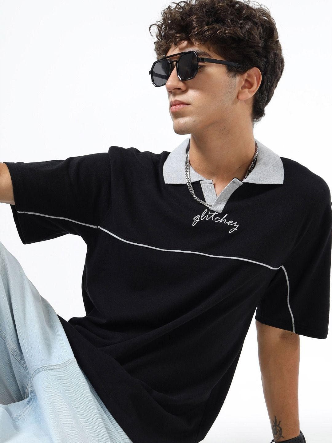 glitchez Typography Printed Polo Collar Oversized T-shirt