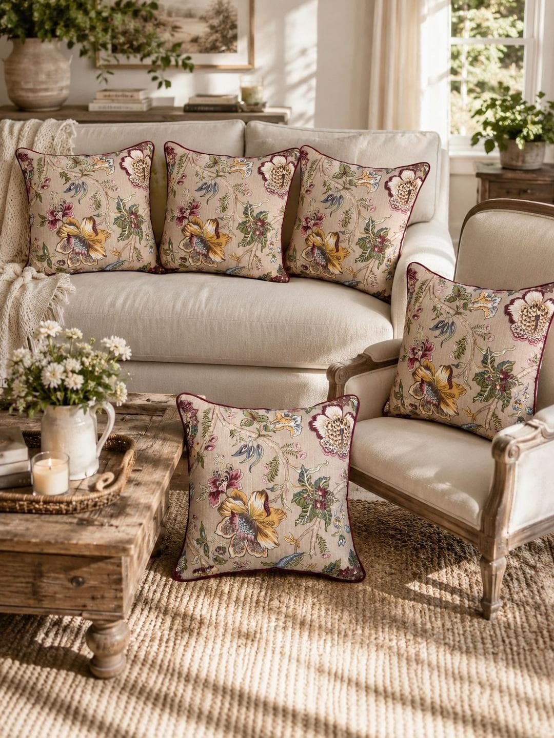 Buy Clasiko Beige Floral Cotton Lightweight 5 Piece Square Cushion Covers 16 X 16 Inches - - Home for Unisex