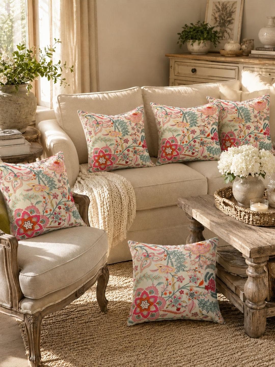 Clasiko Autumn Sedum Floral Cotton 5 Pcs Square Cushion Covers - 20 x 20 In