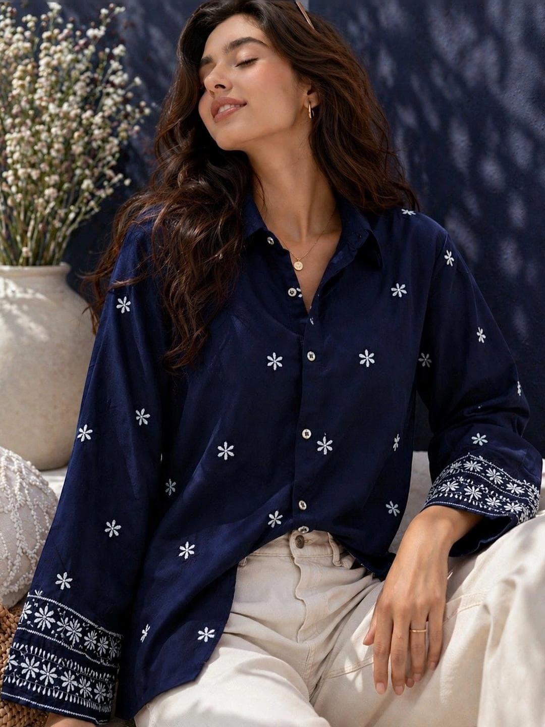 Tzelynn Relaxed Fit Floral Printed Embroidered Spread Collar Long Sleeves Casual Shirt