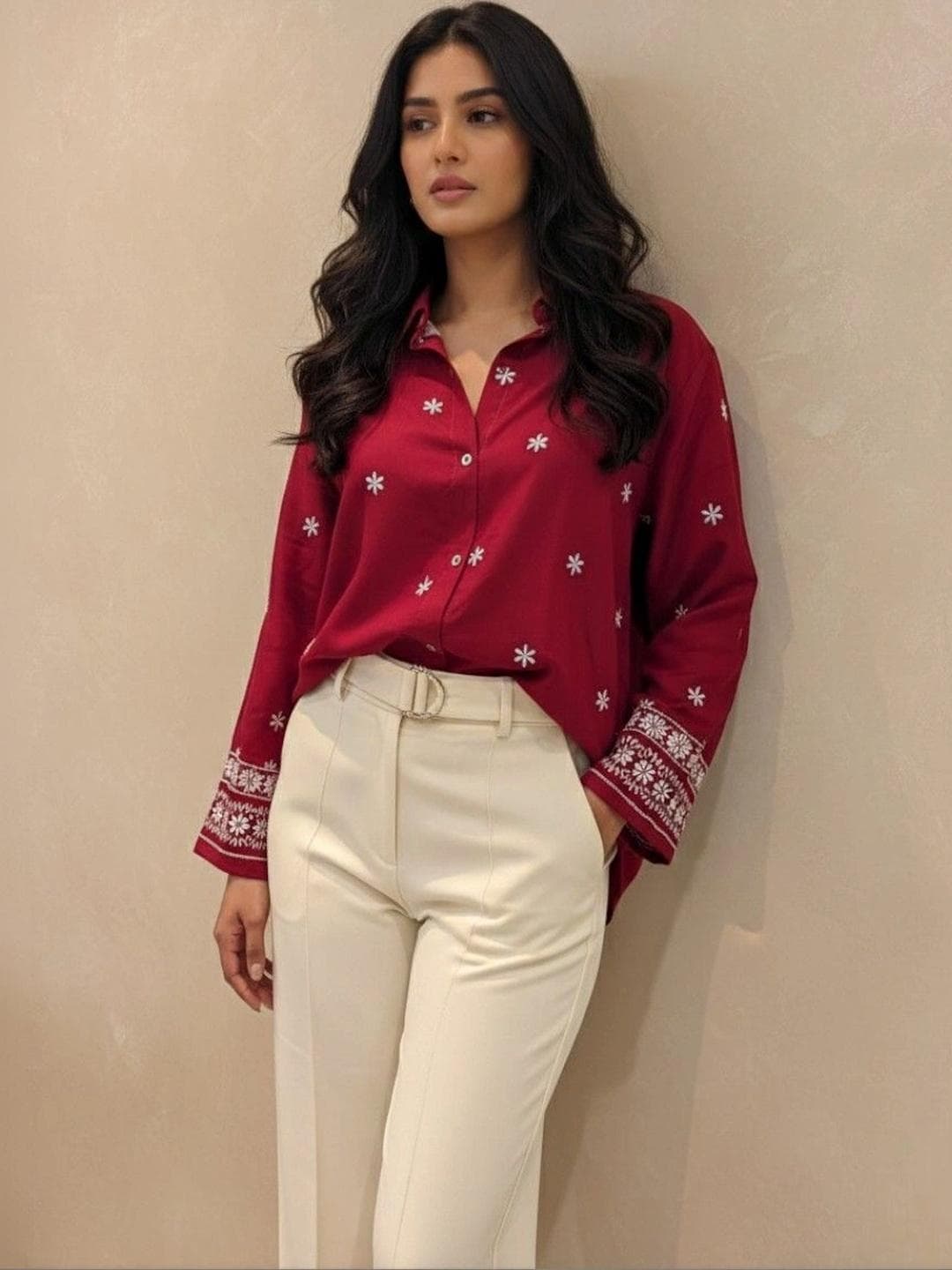 Tzelynn Relaxed Fit Floral Printed Embroidered Spread Collar Long Sleeves Casual Shirt
