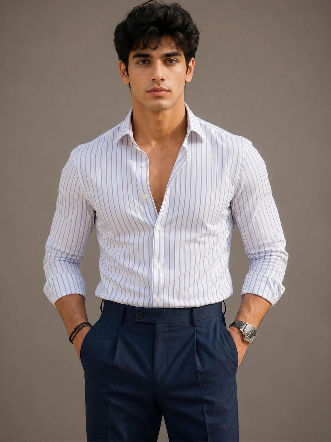INDOPRIMO Men White Standard Striped Casual Shirt