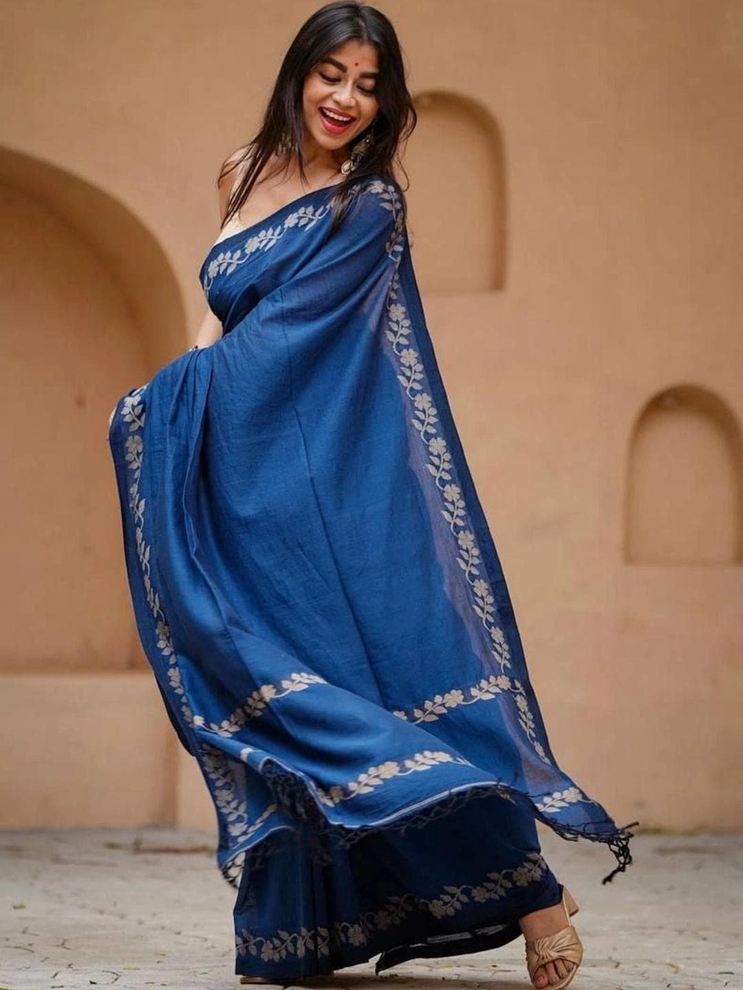 DarKau Pure Linen Designer Chanderi Saree