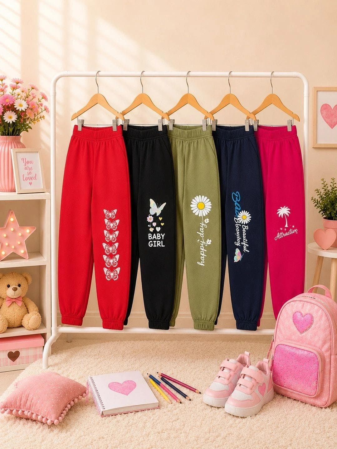 FAZZA Girls Pack Of 5 Mid Rise Cotton Joggers