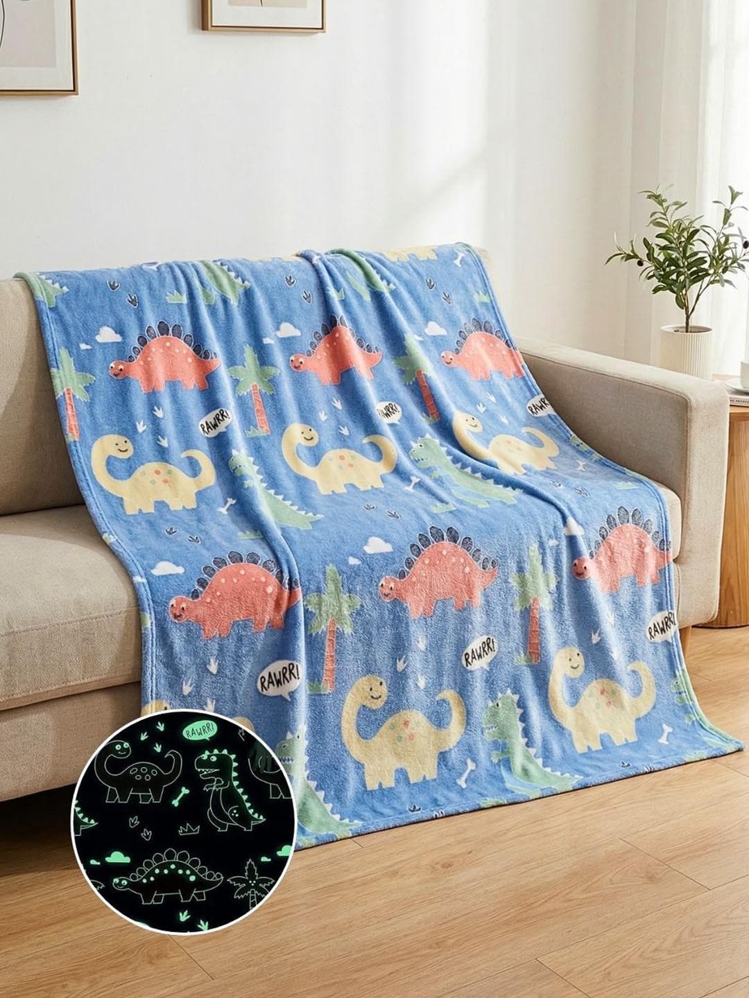 Buy Famyo Kids Light Blue Dino Glow In Dark Fleece Lightweight 210 GSM AC Room Queen Blanket - - Home for Unisex Kids