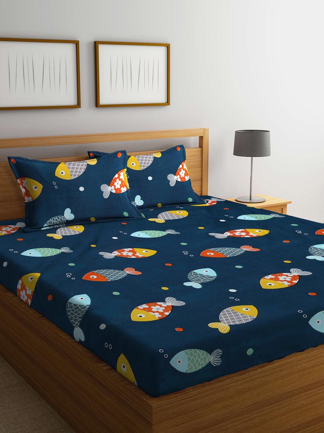 Buy KLOTTHE Ruby Blue Conversational Cotton 300 TC King Fine Bedsheet With 2 Pillow Covers 250 X 220 Cm - - Home for Unisex Kids