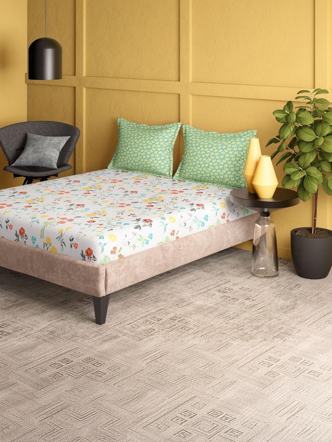 Buy Portico Marvella 144 TC Pure Cotton White & Green Super King Bedsheet With 2 Pillow Covers - - Home for Unisex