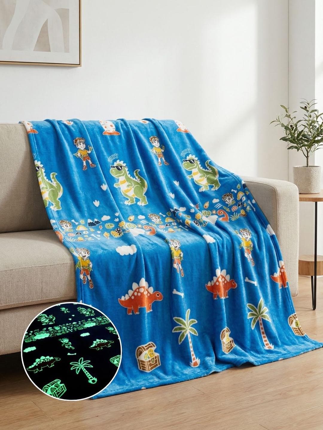 Buy Famyo Kids Blue Dino Glow In Dark Fleece Lightweight 230 GSM AC Room Queen Blanket - - Home for Unisex Kids