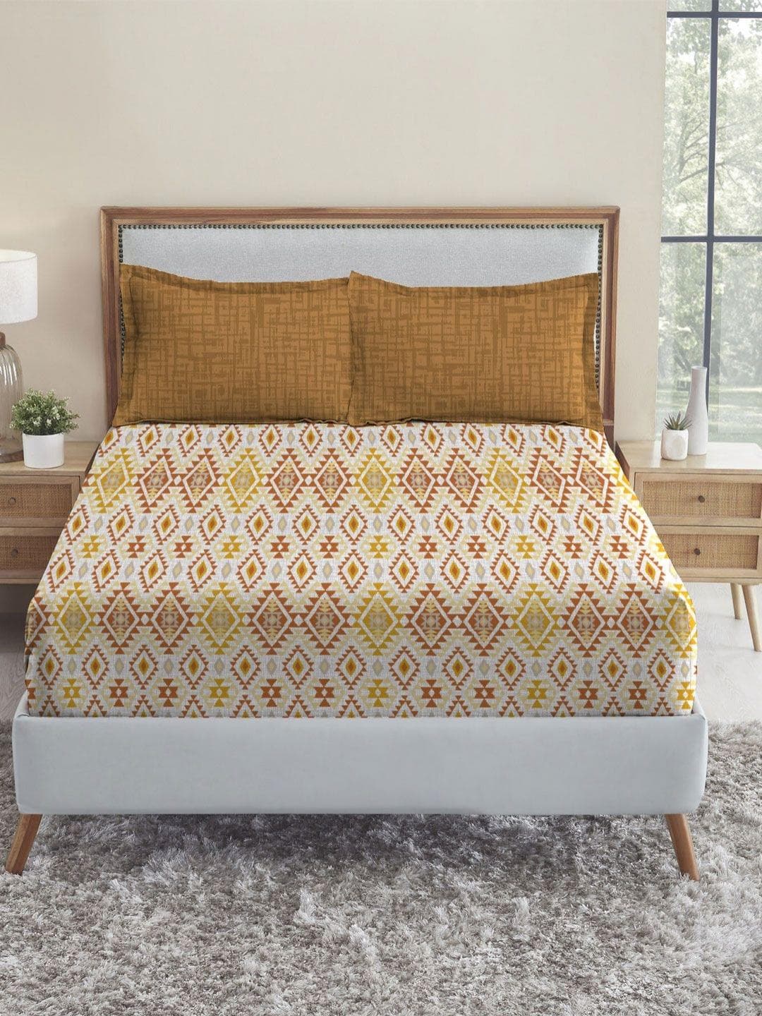 Buy MYTRIDENT Yellow & White Geometric 144 TC Pure Cotton King Bedsheet 2.54 M X 2.28 M - - Home for Unisex