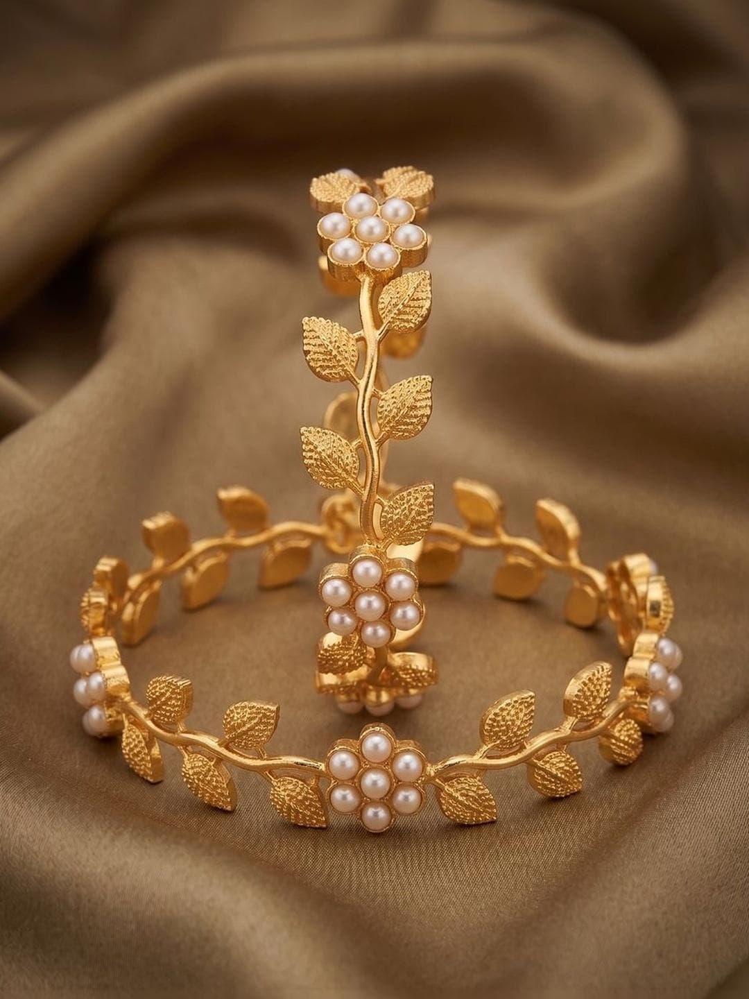Nui Set of 2 Gold-Plated Stone Studded & Beaded Bangles