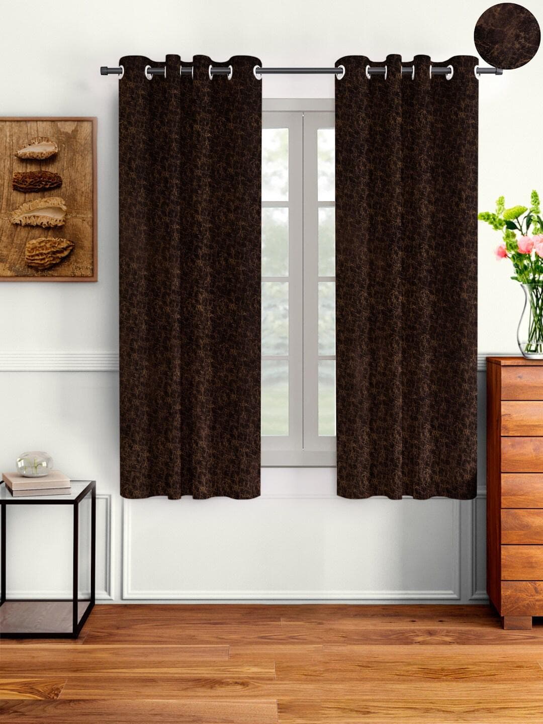 Buy Cortina Brown Set Of 2 Abstract Room Darkening Velvet Window Curtains - - Home for Unisex