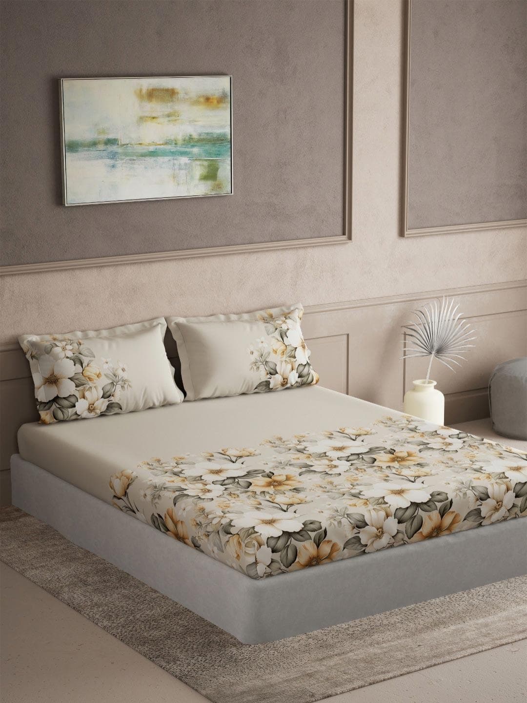DDecor Beige & Green Floral Printed 145 TC Cotton Double King Bedsheet Set 2.54 m x 2.74 m