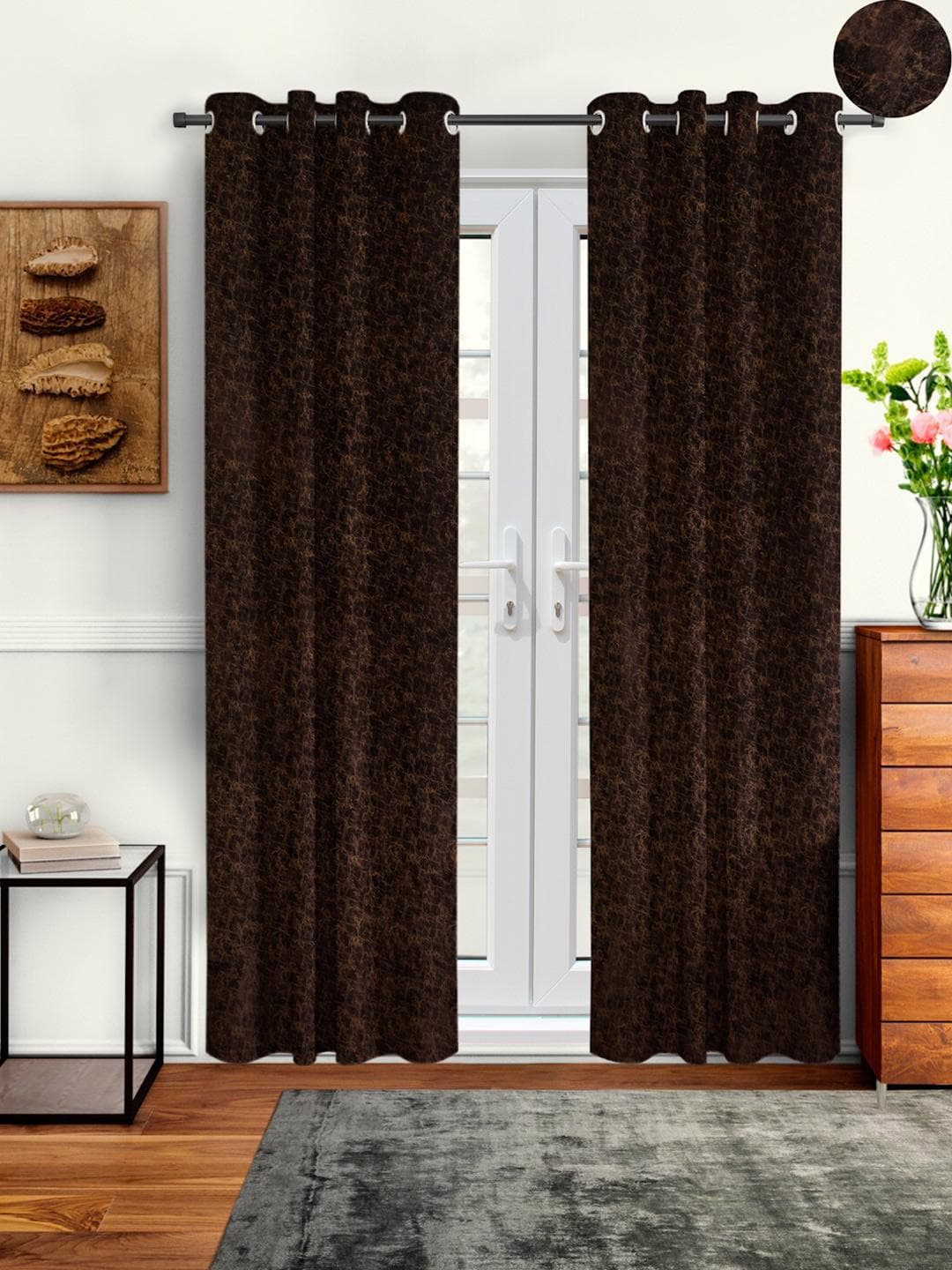 Buy Cortina Brown Set Of 2 Abstract Room Darkening Velvet Long Door Curtains - - Home for Unisex