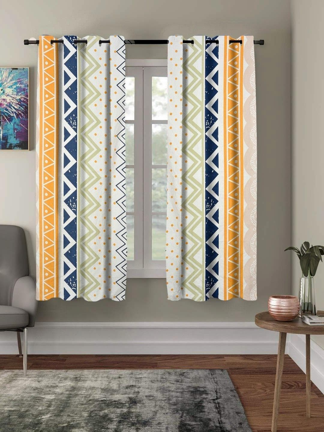 Aura White & Blue 2 Pieces Floral Printed Sheer Window Curtains
