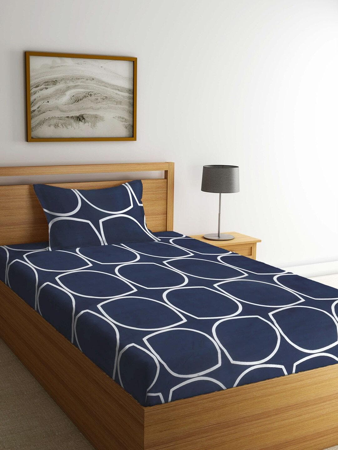 KLOTTHE Blue Geometric Cotton 300 TC Fitted Single Fine Bedsheet with a Pillow Cover-87 x 59 inches