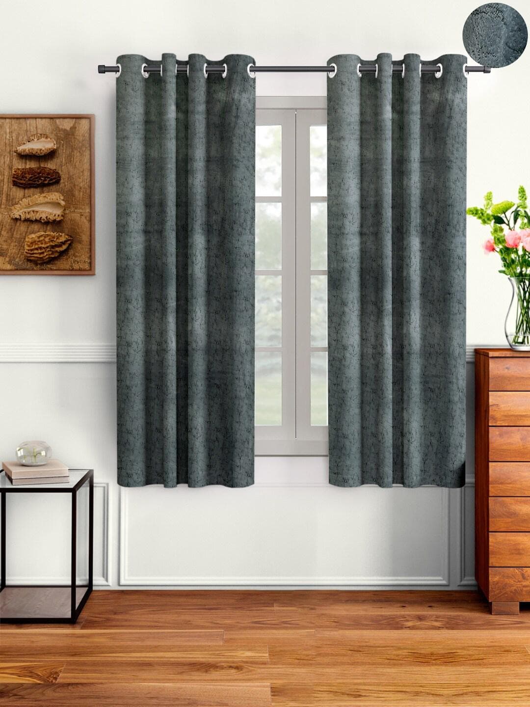 Buy Cortina Grey Set Of 2 Room Darkening Velvet Window Curtain - - Home for Unisex