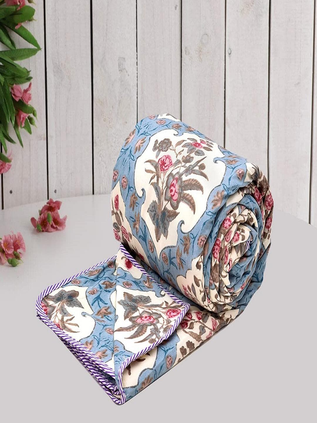 Buy RRC Blue And Cream Floral Microfiber Cotton Reversible AC Room 120 GSM Single Bed Dohar - - Home for Unisex