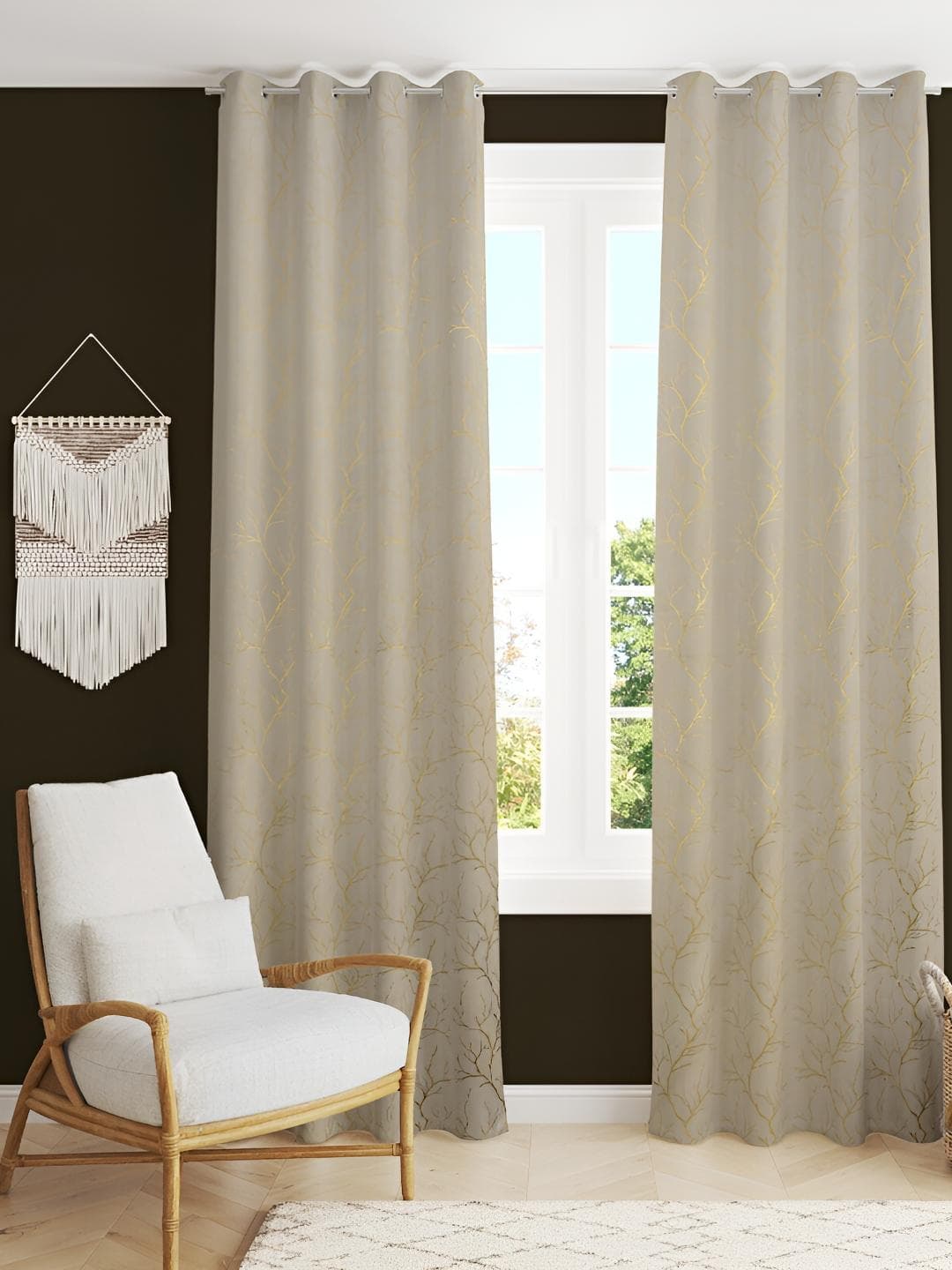 Aura Cream & Gold-Toned 2 Pcs Abstract Velvet Room Darkening Long Door Curtains