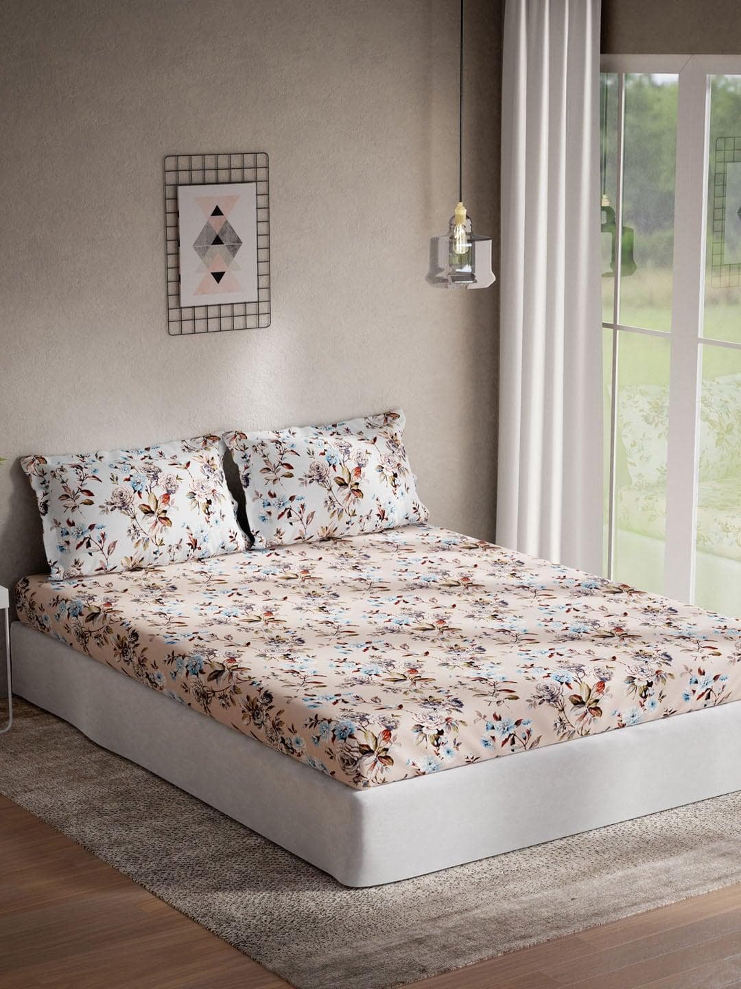 Buy DDecor Sigma Collection Peach Floral Cotton 136TC Queen Bedsheet With 2 Pillow Covers - - Home for Unisex