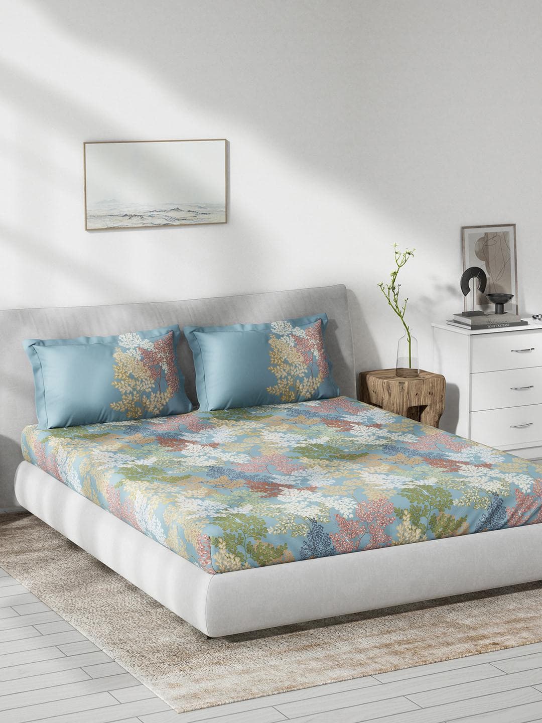 DDecor Primary Collection Blue Leaves Pure Cotton 145TC King Bedsheet with 2 Pillow Covers