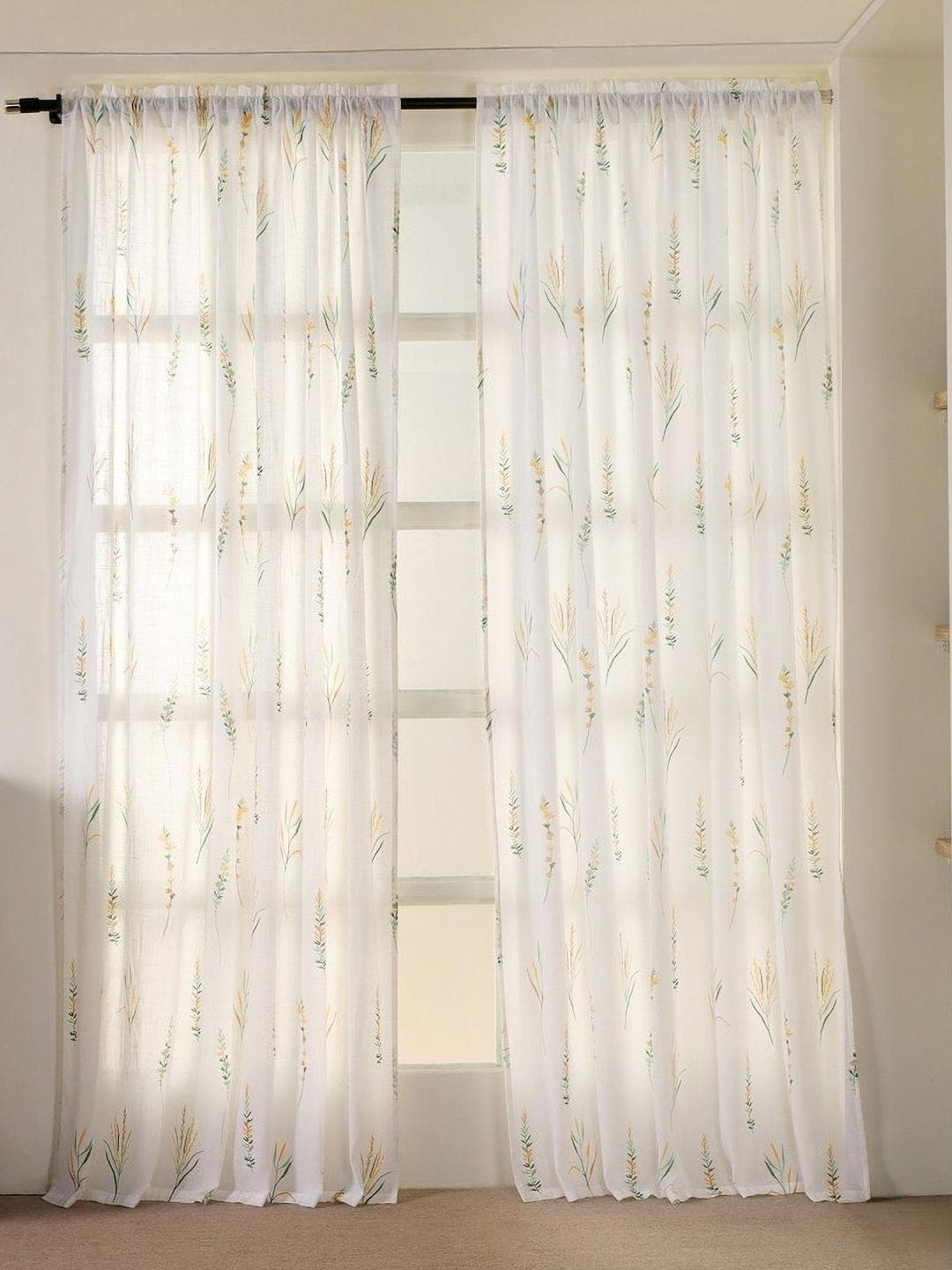 HOMEMONDE White & Yellow Set of 2 Floral Sheer Door Curtain