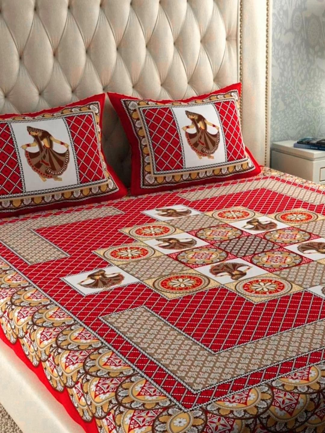 UNIBLISS Red & Brown Floral 144 TC Cotton Queen Bedsheet Set 2.35m x 2.15m