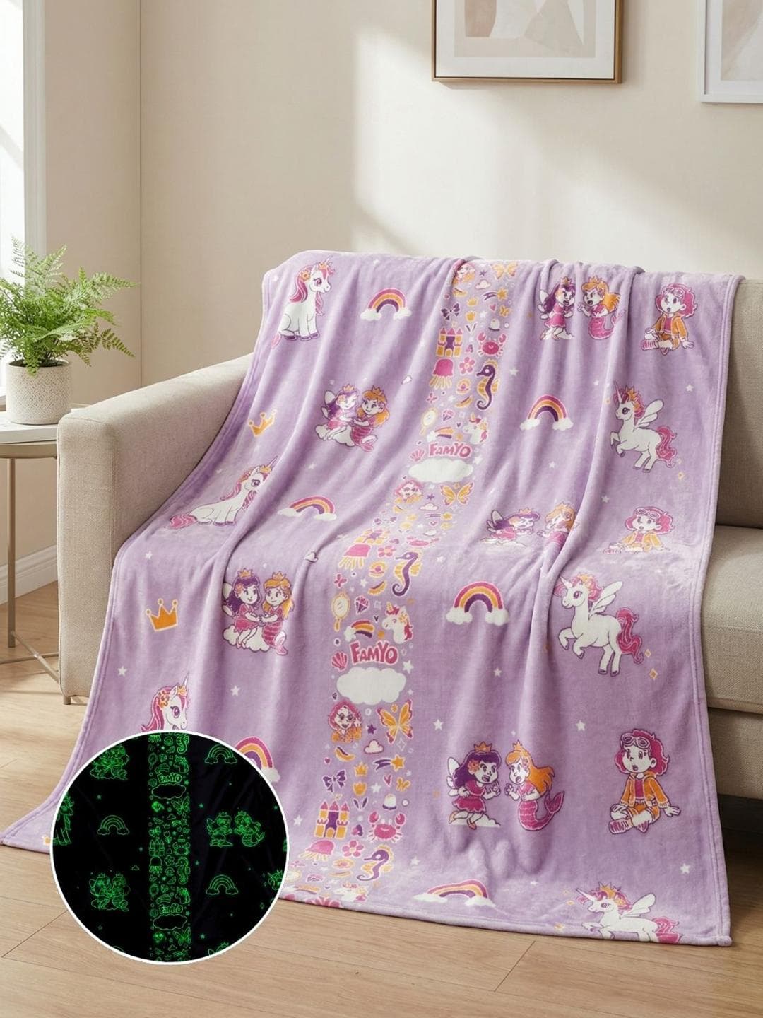 Buy Famyo Kids Lavender Unicorn Glow In Dark Fleece Lightweight 230 GSM AC Room Queen Blanket - - Home for Unisex Kids