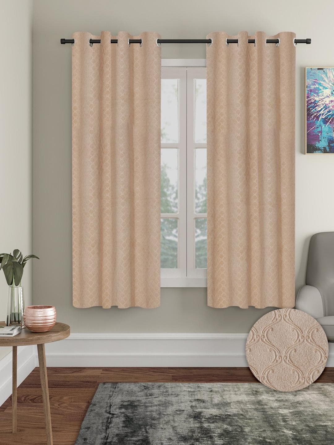 Aura Beige 2 Pieces Velvet Self Design Blackout Window Curtains