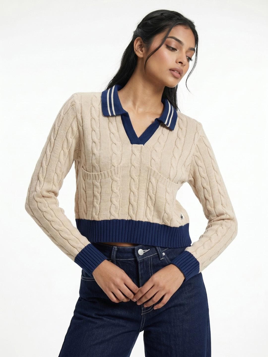 glitchez Shirt Collar Cable Knit Pullover Sweater