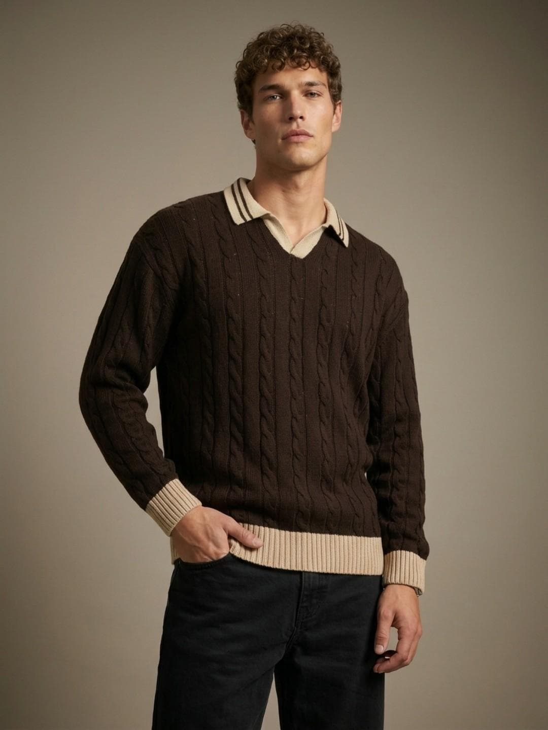 glitchez Shirt Collar Cable Knit Pullover Sweater