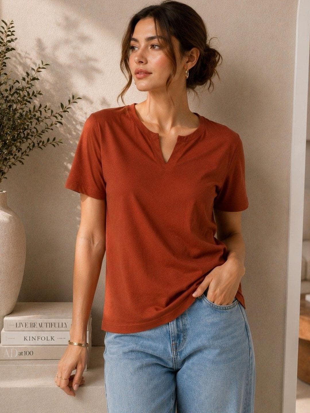 Adyavastram Women V-Neck T-shirt