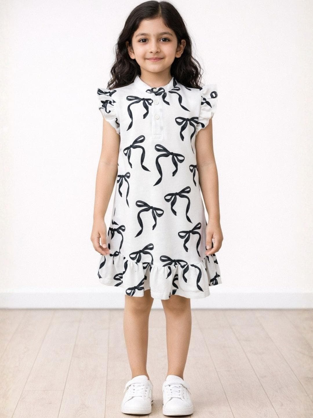 Anthrilo Girls Summer Black Bow Frill Dress Off White
