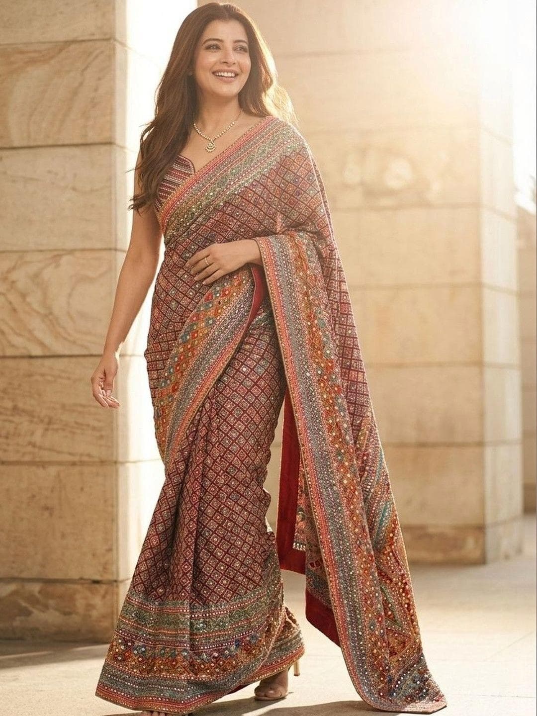 Kalista Ethnic Motifs Printed Pure Chiffon Mirror Work Saree With Unstitched Blouse Piece