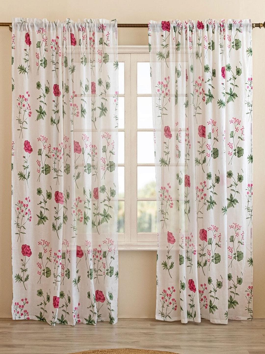 HOMEMONDE Pink & White 2 Pieces Floral Sheer Cotton Window Curtains