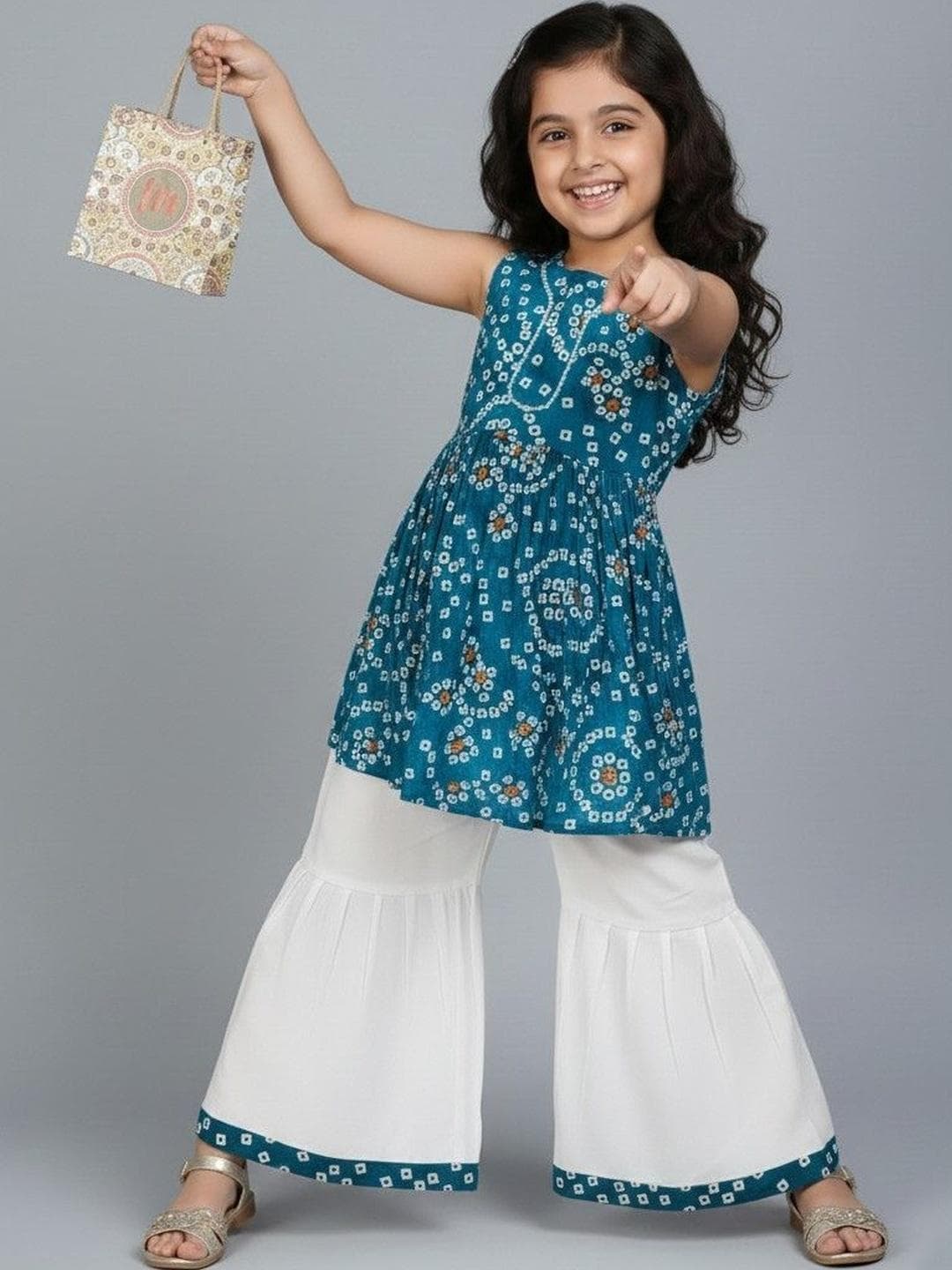 Sangria Girls Bandhani Printed Round Neck Pure Cotton Kurta With Sharara