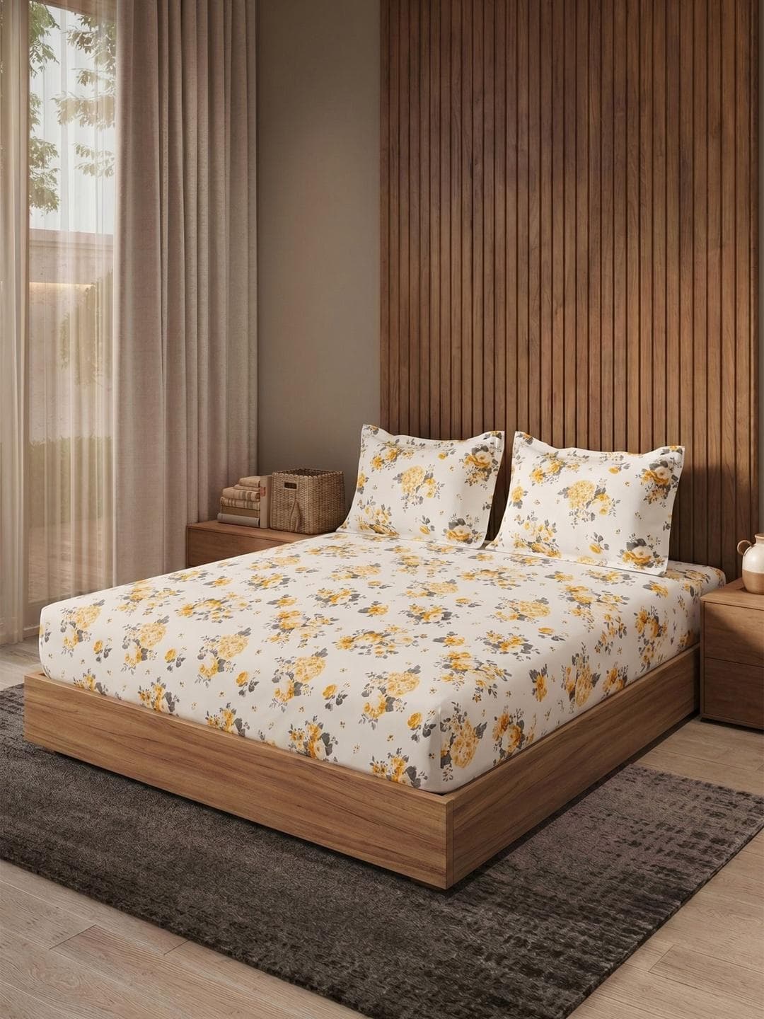 DDecor Yellow & White Floral 144 TC Queen Bedsheet with 2 Pillow Covers