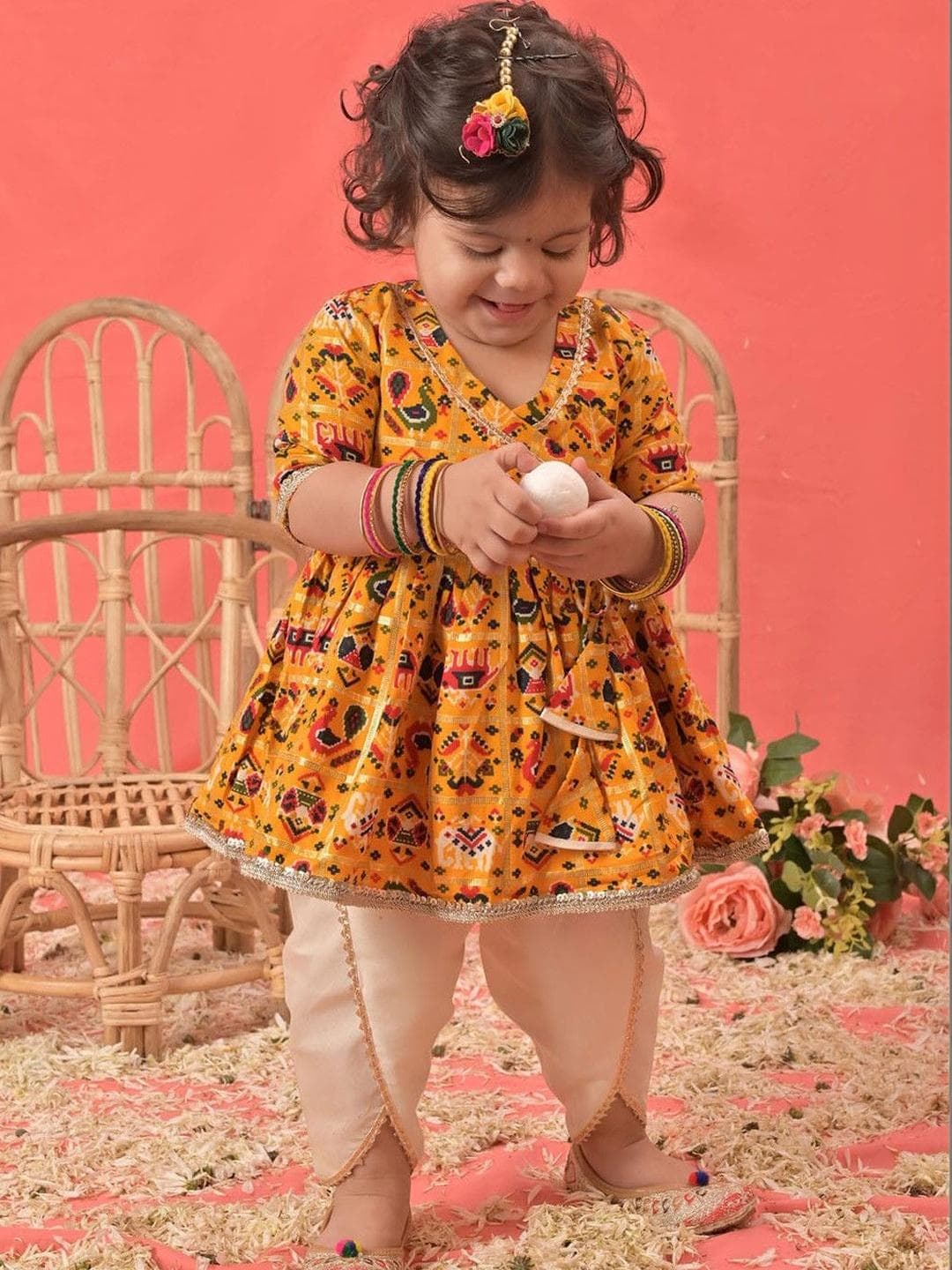 VASTRAMAY Girls Yellow Angrakha Style Patola Print Kurta & Dhoti Set