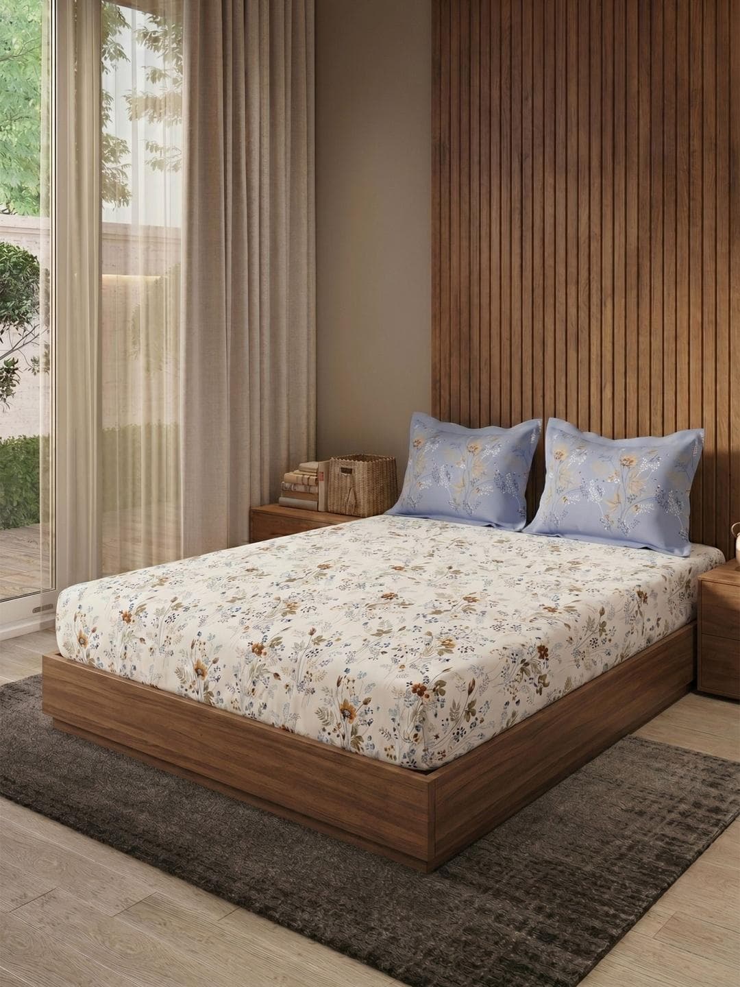DDecor Blue & Blue Floral 144 TC Queen Bedsheet with 2 Pillow Covers