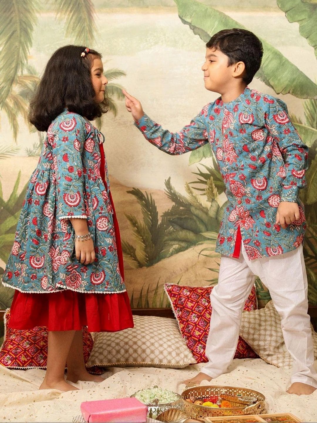 Buy VASTRAMAY Girls Red & Blue Kalamkari Anarkali - - Apparel for Girls