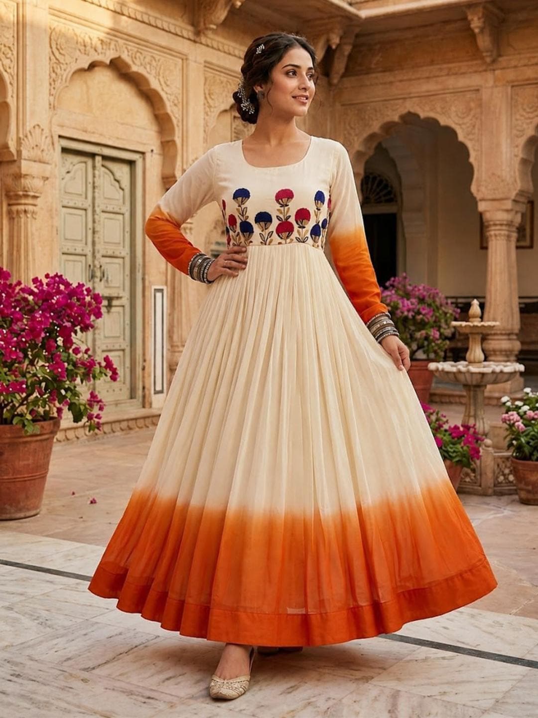 Livewear Women Ombre Embroidered Empire Thread Work Georgette Ethnic Dresses