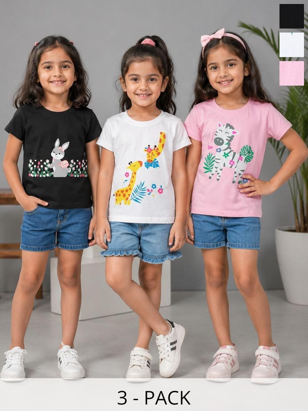 KEESOR Girls pack of 3 Multi Cotton Tshirts