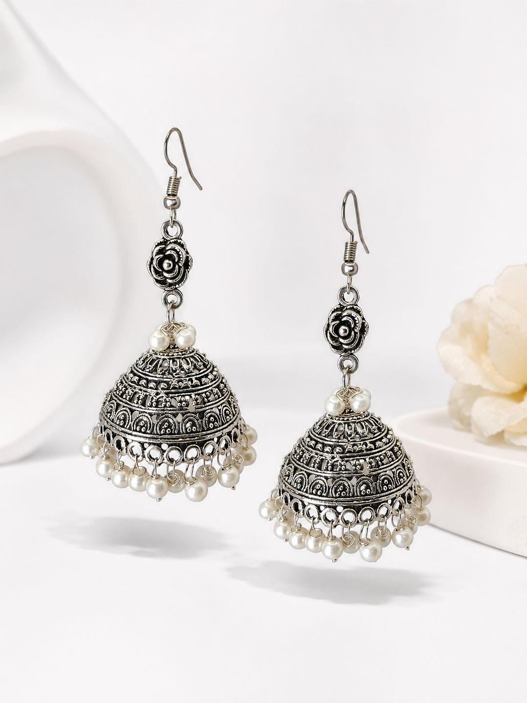 Buy HOPMEE Silver Plated Pearls Beaded Dome Shaped Oxidised Jhumkas - - Accessories for Women