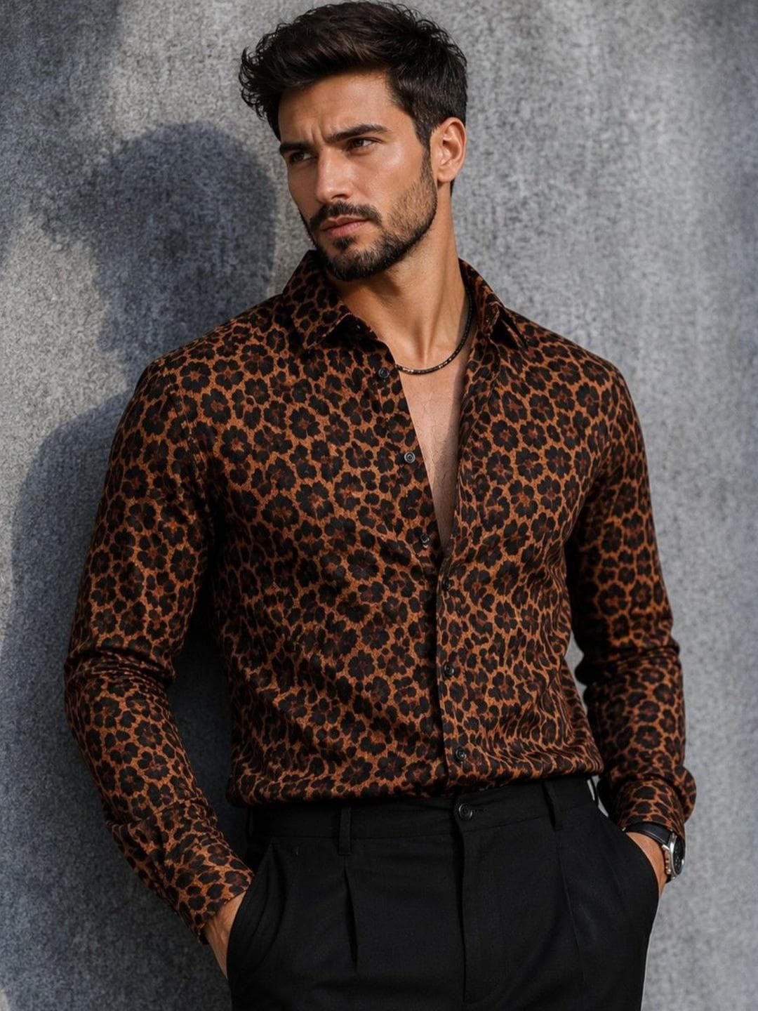 Foomer Leopard Brown Printed Men's Shirts