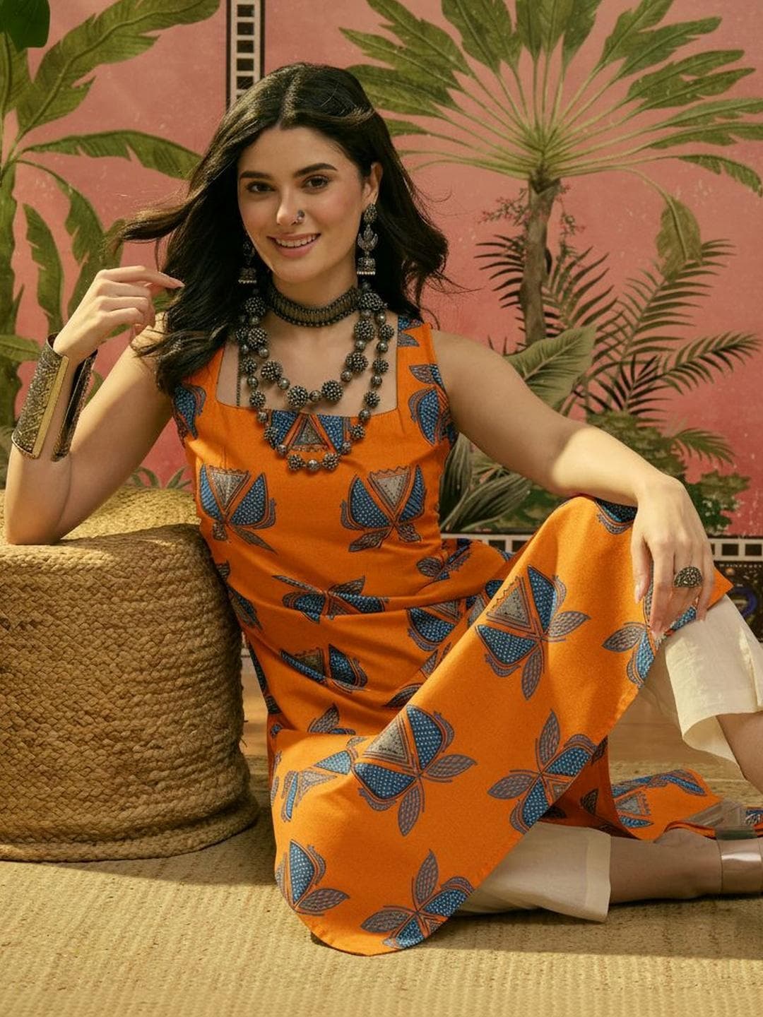 Sangria Printed Pure Cotton Square Neck Calf Length Straight Kurta