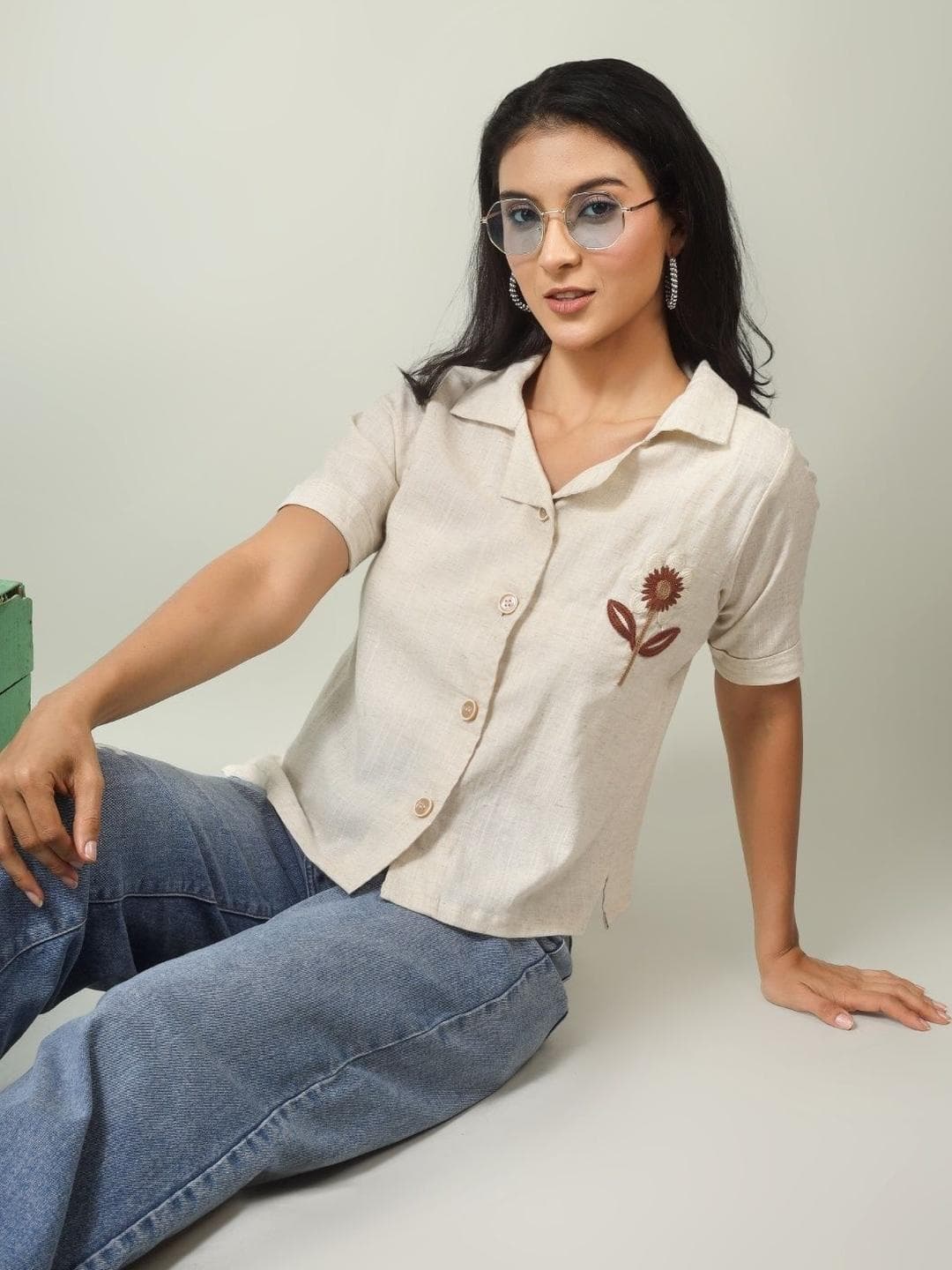 Lavozia Women Floral Embroidered Linen Blend Casual Shirts
