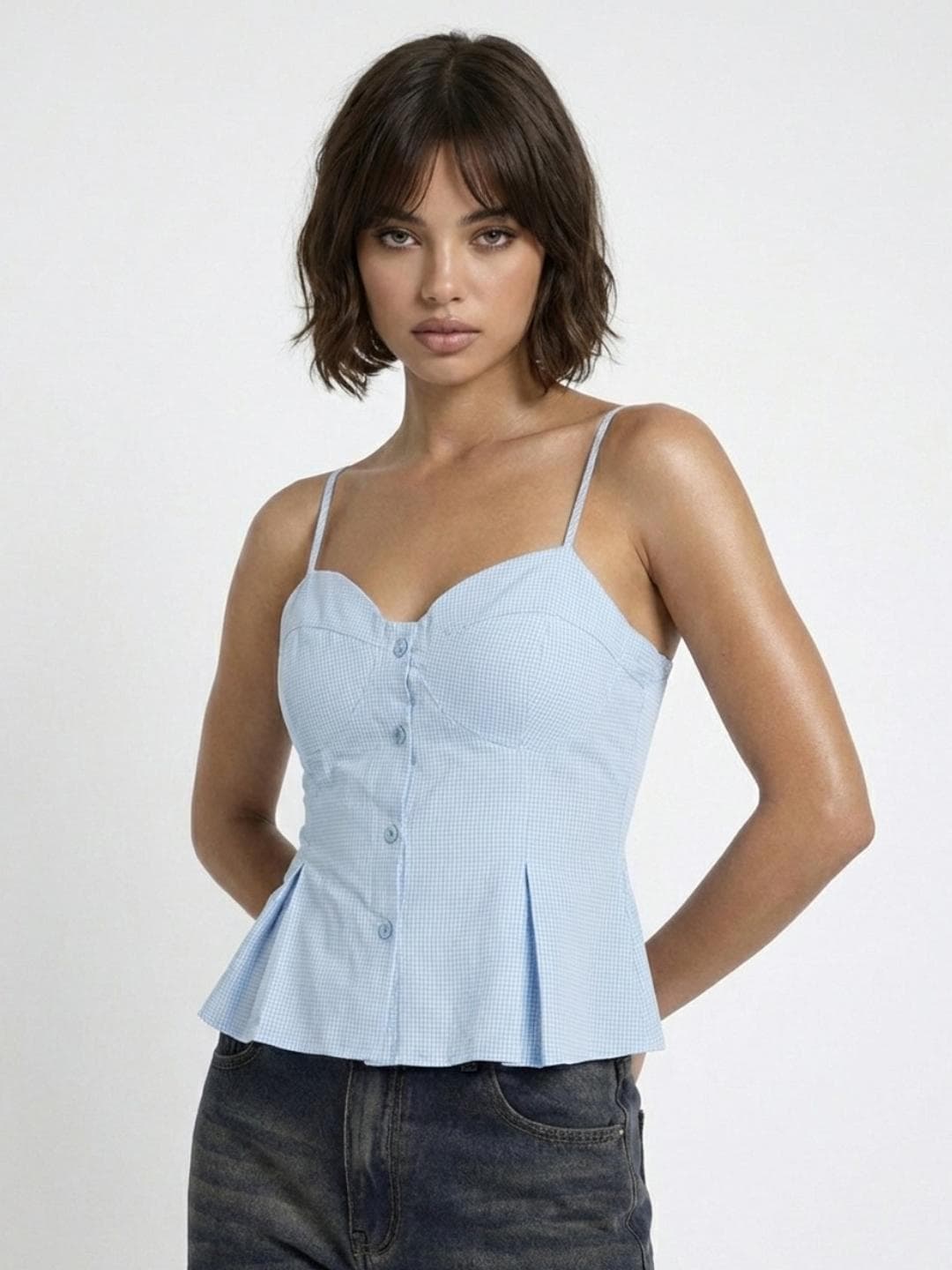 glitchez Checked Sweetheart Neck A-Line Top