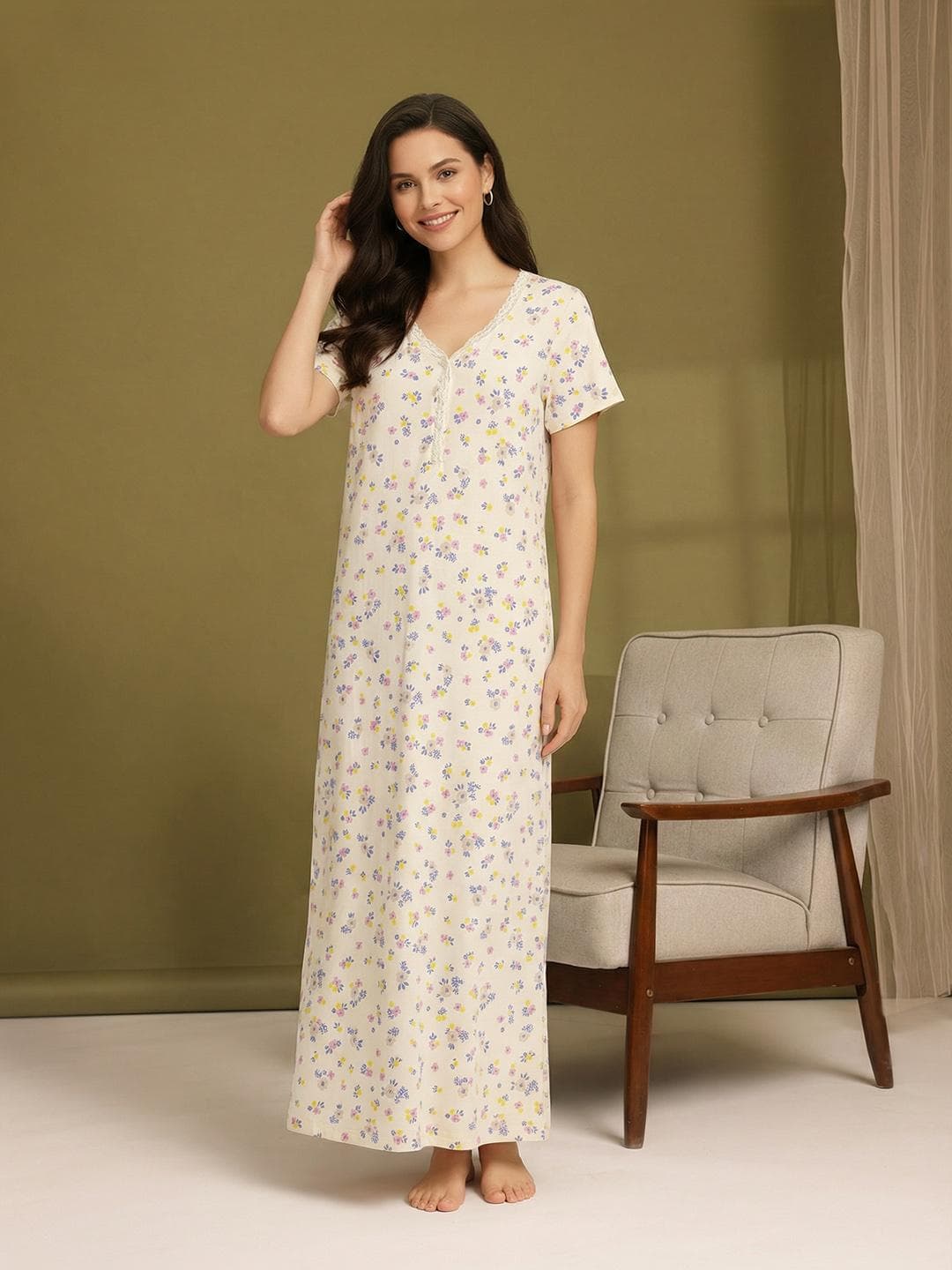 ETC Floral Printed Pure Cotton Maxi Nightdress